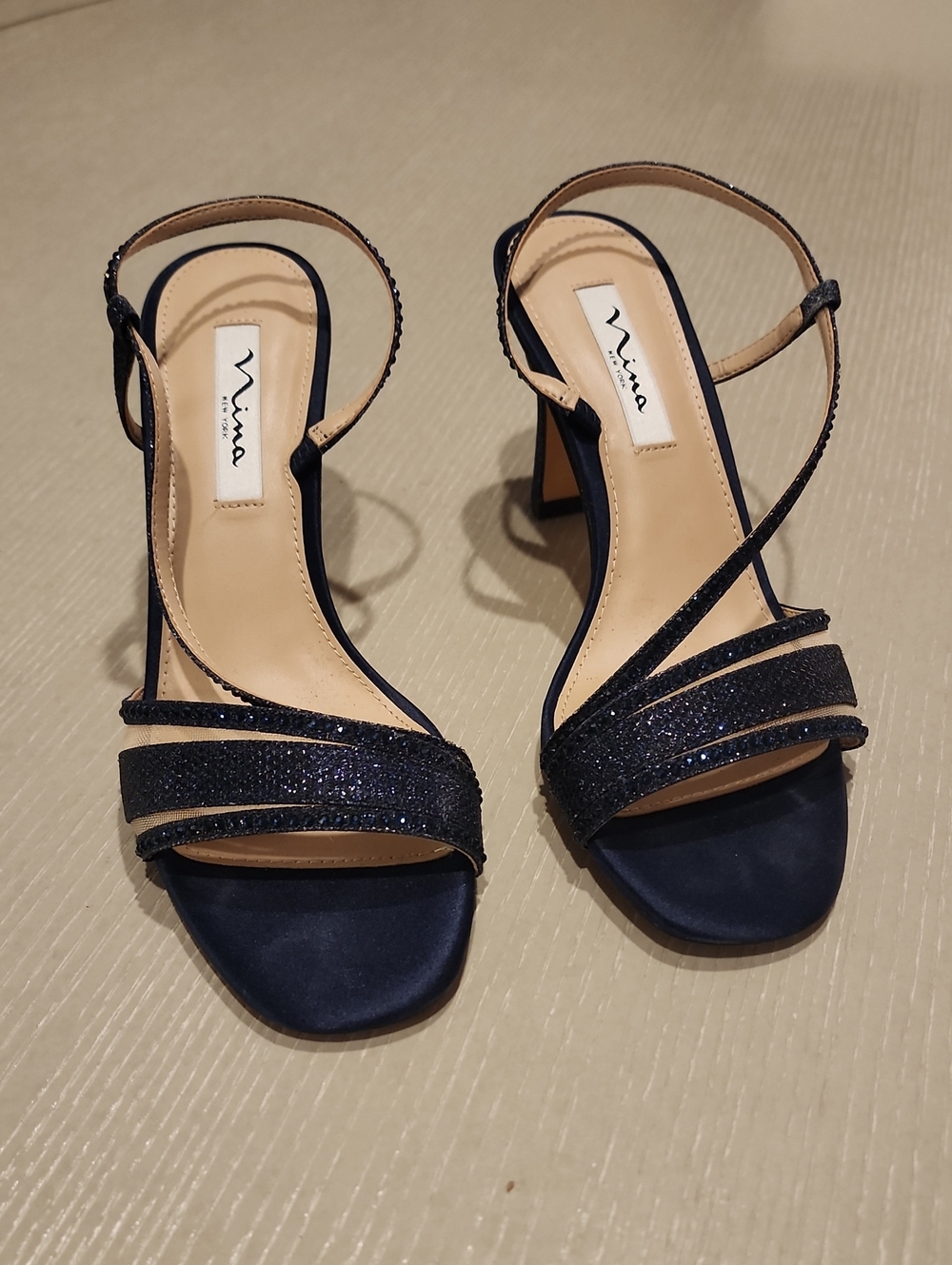 Nina Navy Glitter Strappy Block Heel Sandals 9